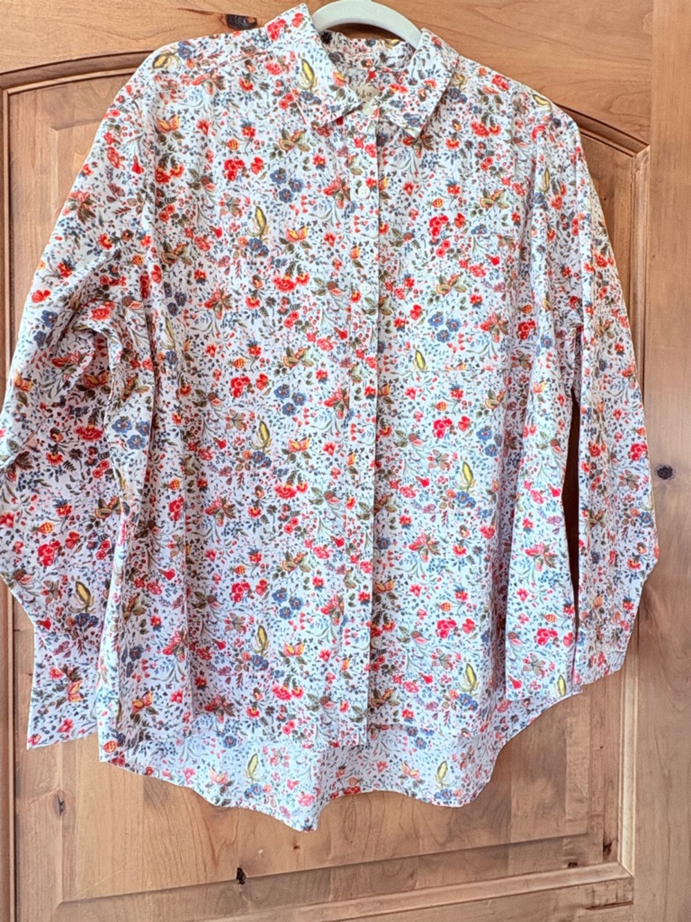 Style & Co. White Floral Button-Up Shirt with Red, Blue & Green Print